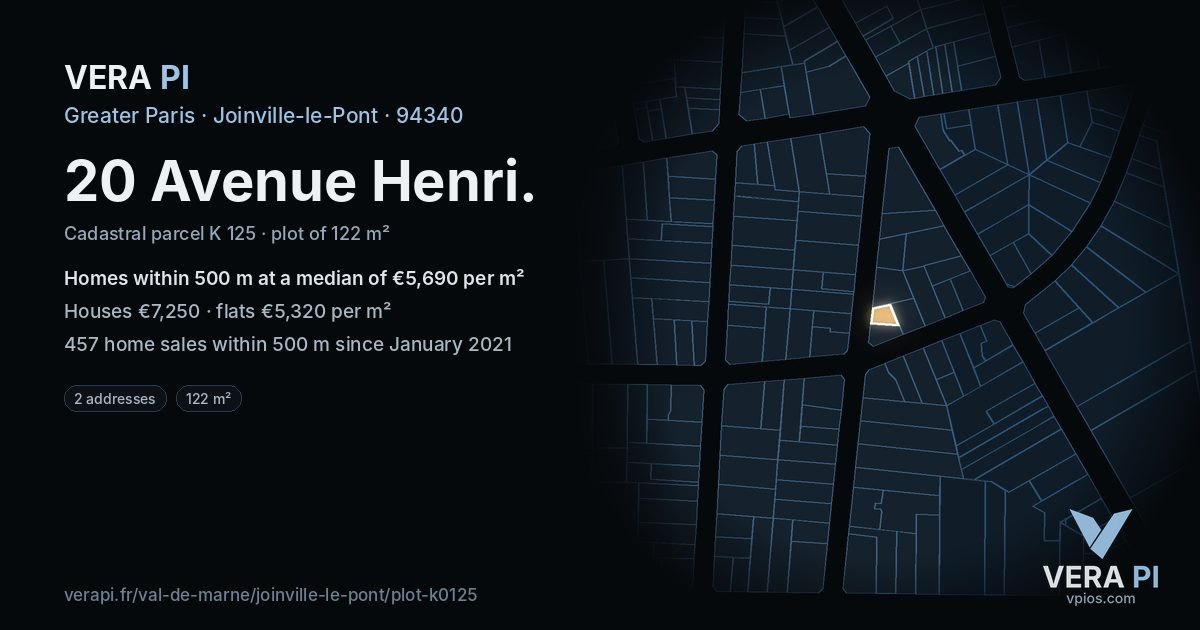 20 Avenue Henri, Joinville-le-Pont at night – the plot lit, the parcels around coloured by the prices near them