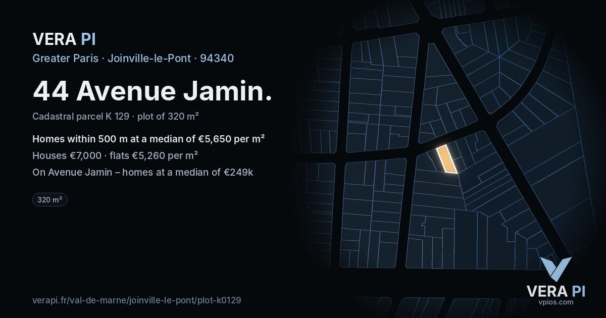 44 Avenue Jamin, Joinville-le-Pont at night – the plot lit, the parcels around coloured by the prices near them