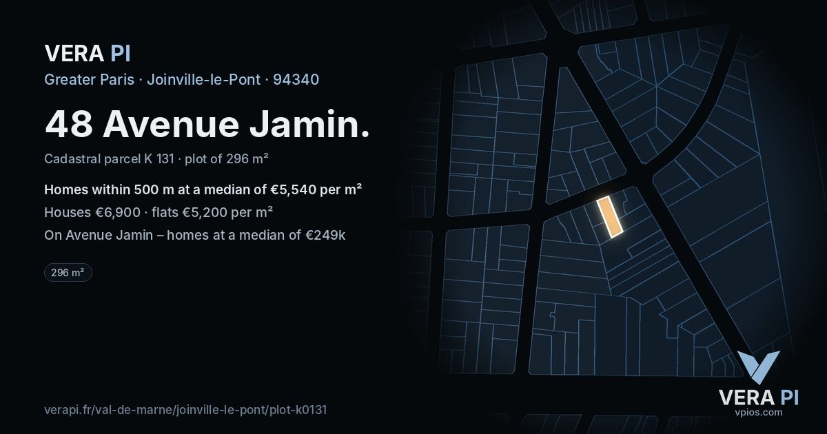 48 Avenue Jamin, Joinville-le-Pont at night – the plot lit, the parcels around coloured by the prices near them