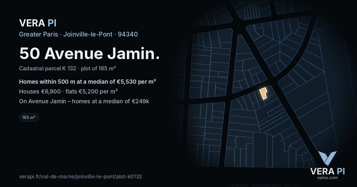 50 Avenue Jamin, Joinville-le-Pont at night – the plot lit, the parcels around coloured by the prices near them