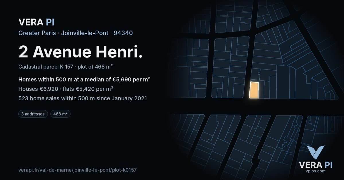 2 Avenue Henri, Joinville-le-Pont at night – the plot lit, the parcels around coloured by the prices near them