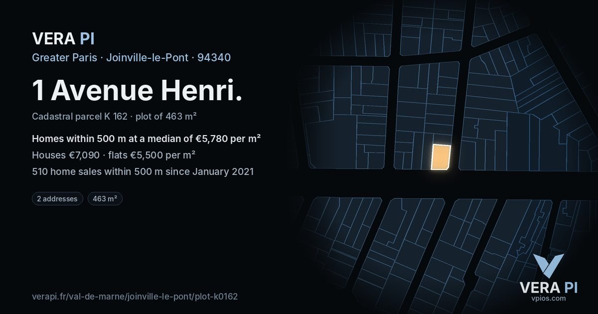 1 Avenue Henri, Joinville-le-Pont at night – the plot lit, the parcels around coloured by the prices near them
