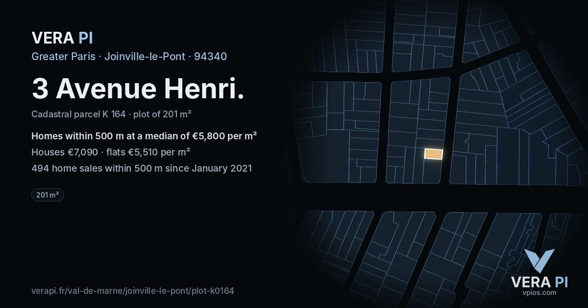 3 Avenue Henri, Joinville-le-Pont at night – the plot lit, the parcels around coloured by the prices near them
