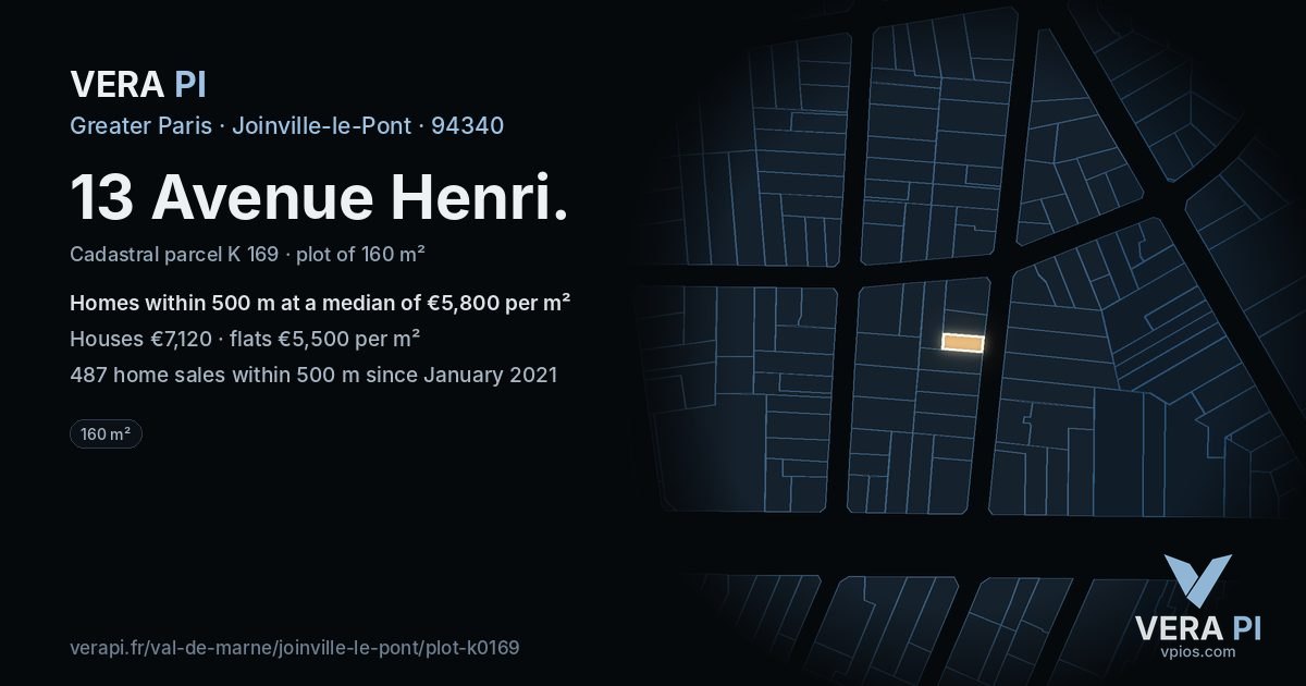 13 Avenue Henri, Joinville-le-Pont at night – the plot lit, the parcels around coloured by the prices near them