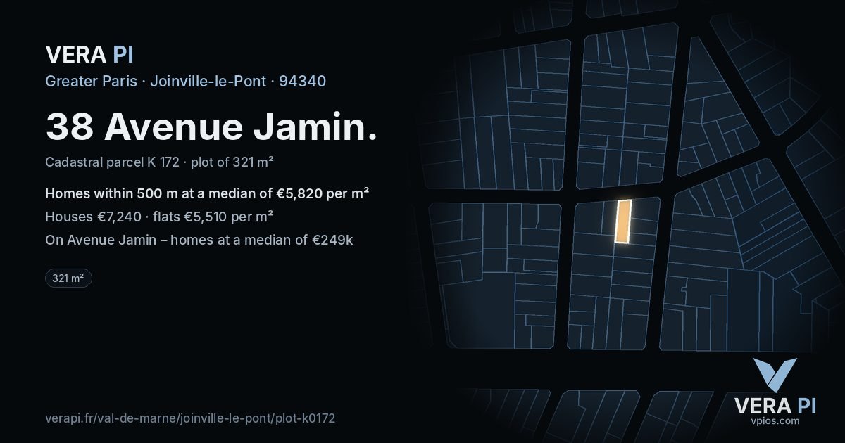 38 Avenue Jamin, Joinville-le-Pont at night – the plot lit, the parcels around coloured by the prices near them
