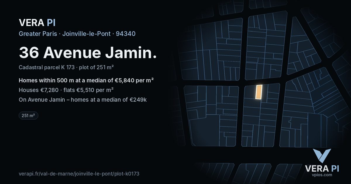 36 Avenue Jamin, Joinville-le-Pont at night – the plot lit, the parcels around coloured by the prices near them