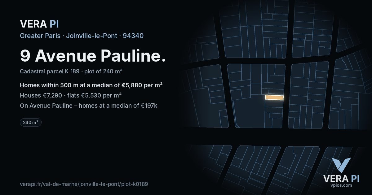 9 Avenue Pauline, Joinville-le-Pont at night – the plot lit, the parcels around coloured by the prices near them