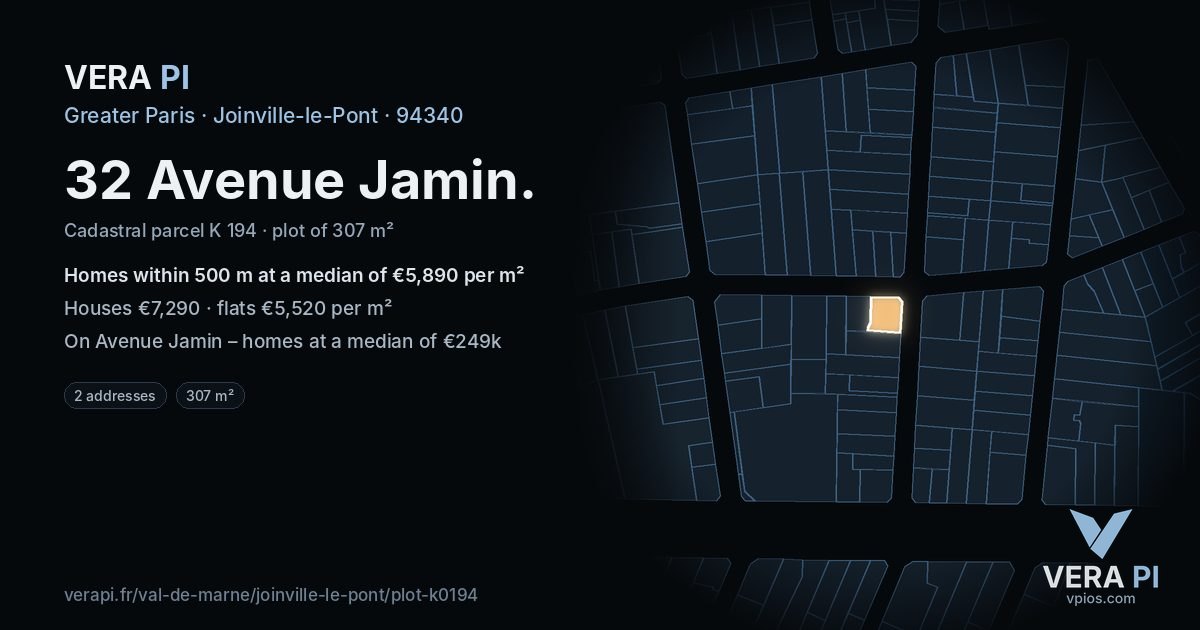 32 Avenue Jamin, Joinville-le-Pont at night – the plot lit, the parcels around coloured by the prices near them