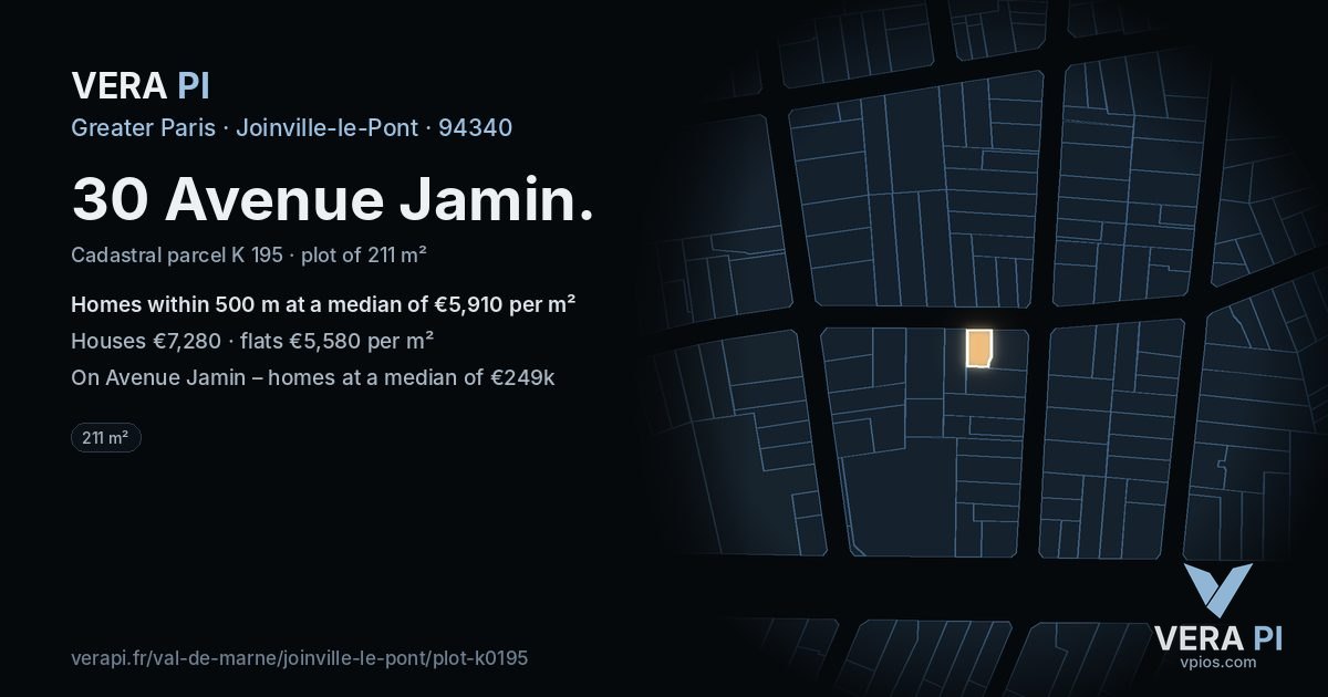 30 Avenue Jamin, Joinville-le-Pont at night – the plot lit, the parcels around coloured by the prices near them