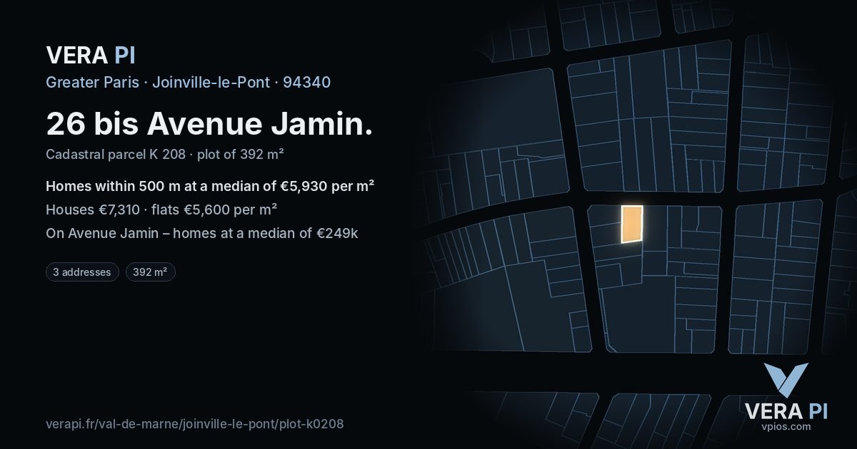 26 bis Avenue Jamin, Joinville-le-Pont at night – the plot lit, the parcels around coloured by the prices near them