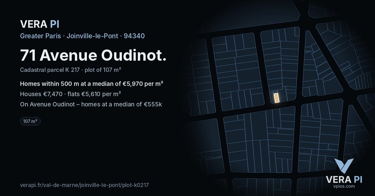 71 Avenue Oudinot, Joinville-le-Pont at night – the plot lit, the parcels around coloured by the prices near them