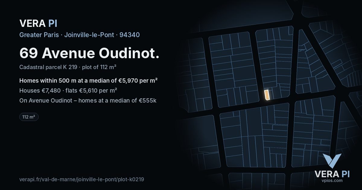 69 Avenue Oudinot, Joinville-le-Pont at night – the plot lit, the parcels around coloured by the prices near them