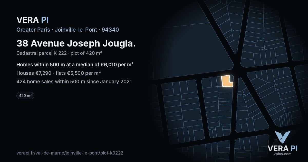 38 Avenue Joseph Jougla, Joinville-le-Pont at night – the plot lit, the parcels around coloured by the prices near them
