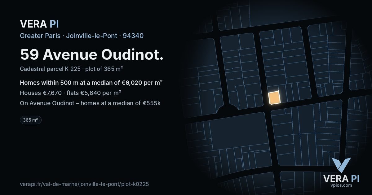59 Avenue Oudinot, Joinville-le-Pont at night – the plot lit, the parcels around coloured by the prices near them