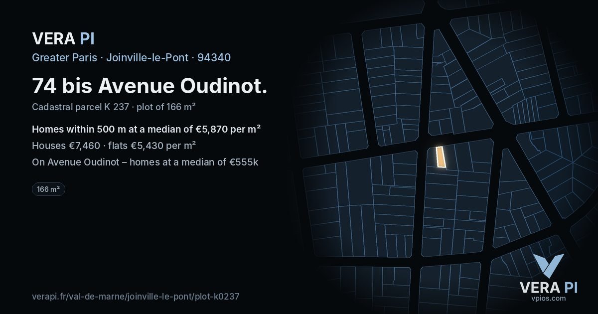 74 bis Avenue Oudinot, Joinville-le-Pont at night – the plot lit, the parcels around coloured by the prices near them