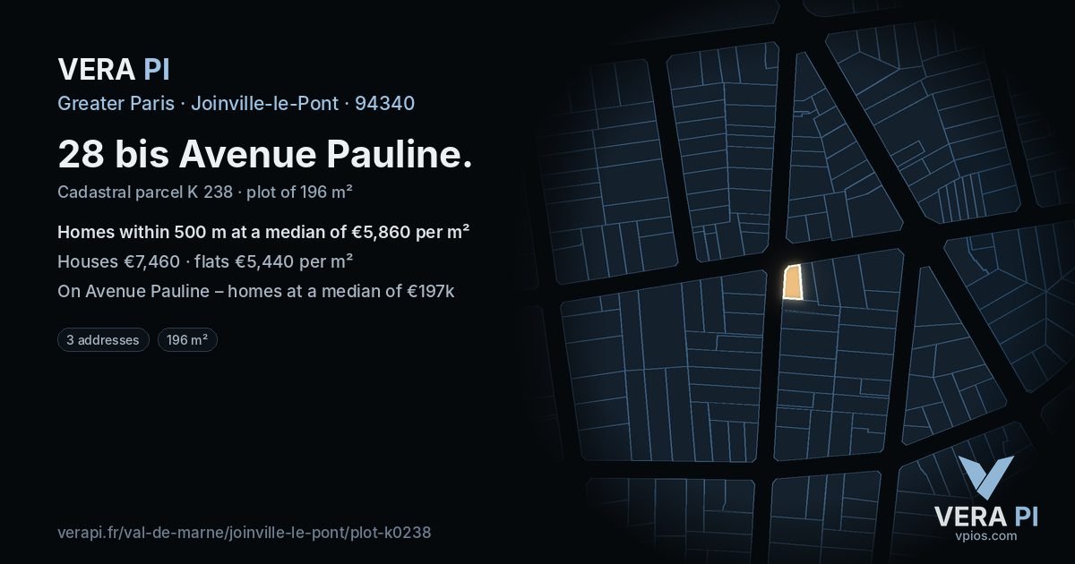 28 bis Avenue Pauline, Joinville-le-Pont at night – the plot lit, the parcels around coloured by the prices near them