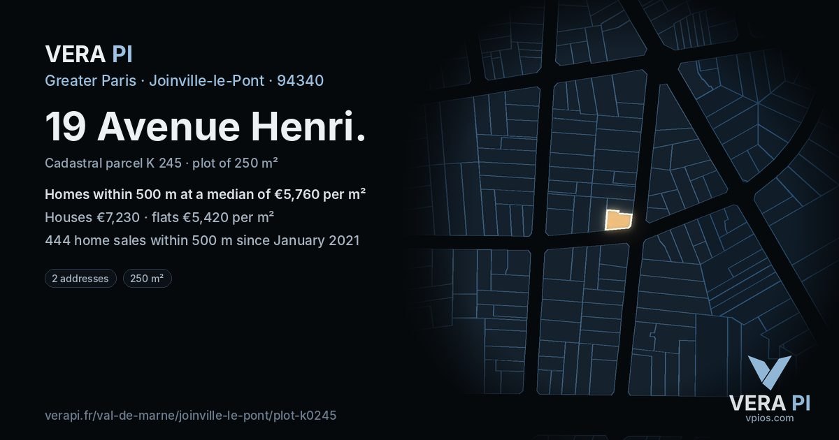 19 Avenue Henri, Joinville-le-Pont at night – the plot lit, the parcels around coloured by the prices near them