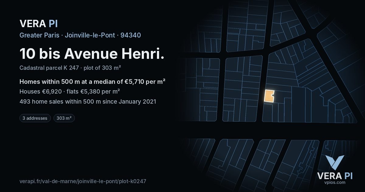 10 bis Avenue Henri, Joinville-le-Pont at night – the plot lit, the parcels around coloured by the prices near them
