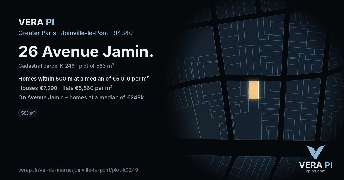 26 Avenue Jamin, Joinville-le-Pont at night – the plot lit, the parcels around coloured by the prices near them