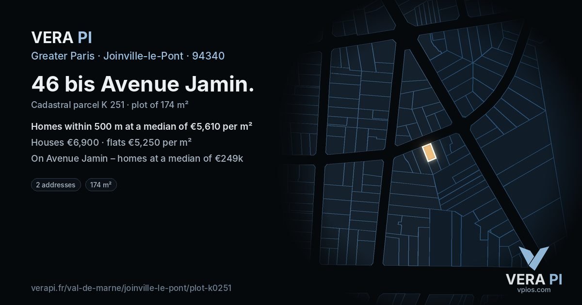 46 bis Avenue Jamin, Joinville-le-Pont at night – the plot lit, the parcels around coloured by the prices near them