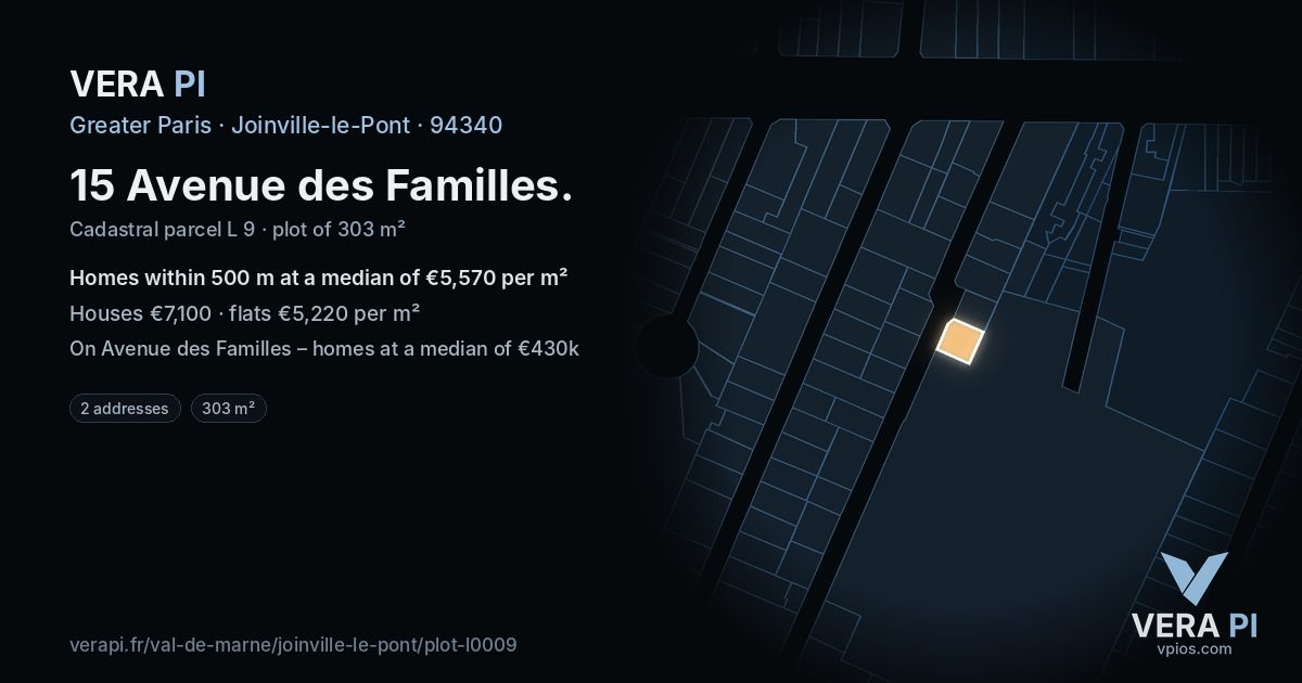 15 Avenue des Familles, Joinville-le-Pont at night – the plot lit, the parcels around coloured by the prices near them