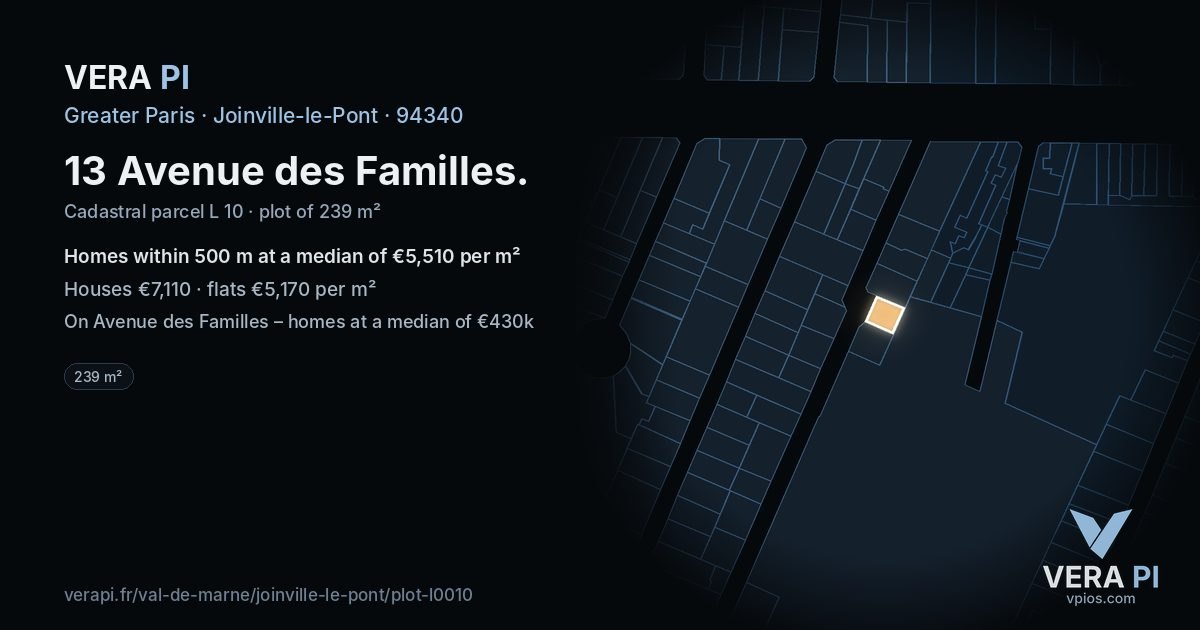 13 Avenue des Familles, Joinville-le-Pont at night – the plot lit, the parcels around coloured by the prices near them