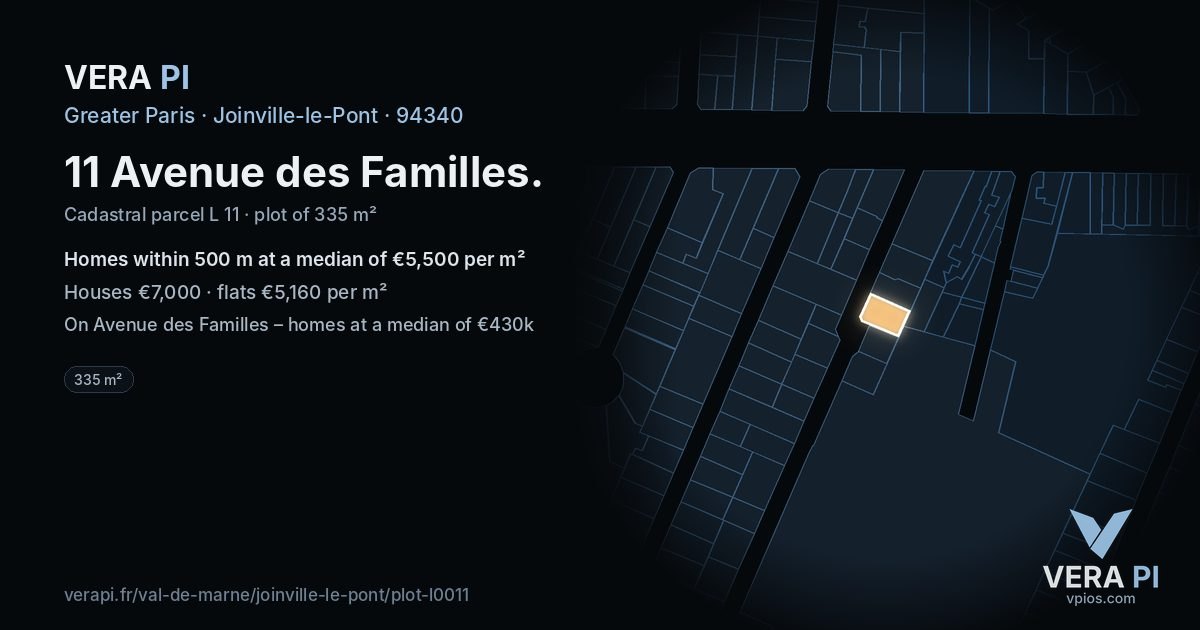 11 Avenue des Familles, Joinville-le-Pont at night – the plot lit, the parcels around coloured by the prices near them