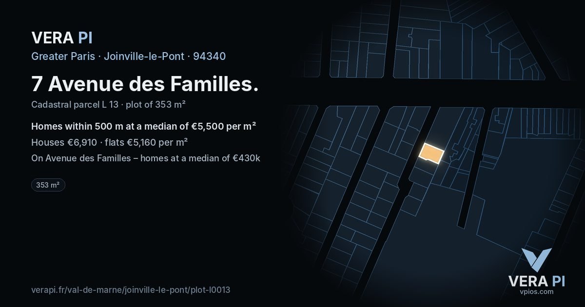 7 Avenue des Familles, Joinville-le-Pont at night – the plot lit, the parcels around coloured by the prices near them