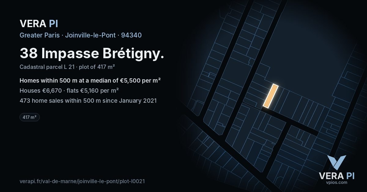 38 Impasse Brétigny, Joinville-le-Pont at night – the plot lit, the parcels around coloured by the prices near them
