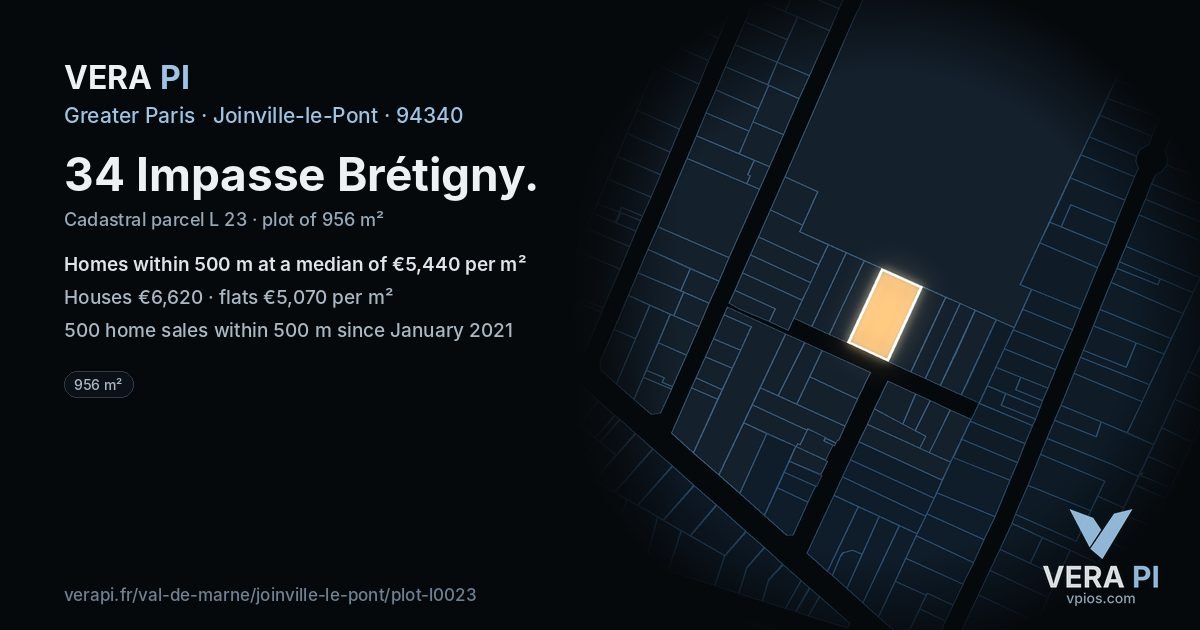 34 Impasse Brétigny, Joinville-le-Pont at night – the plot lit, the parcels around coloured by the prices near them