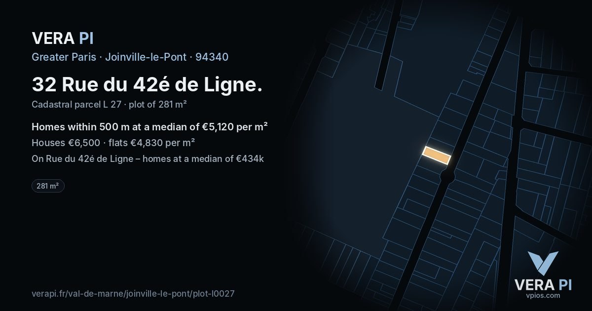 32 Rue du 42é de Ligne, Joinville-le-Pont at night – the plot lit, the parcels around coloured by the prices near them
