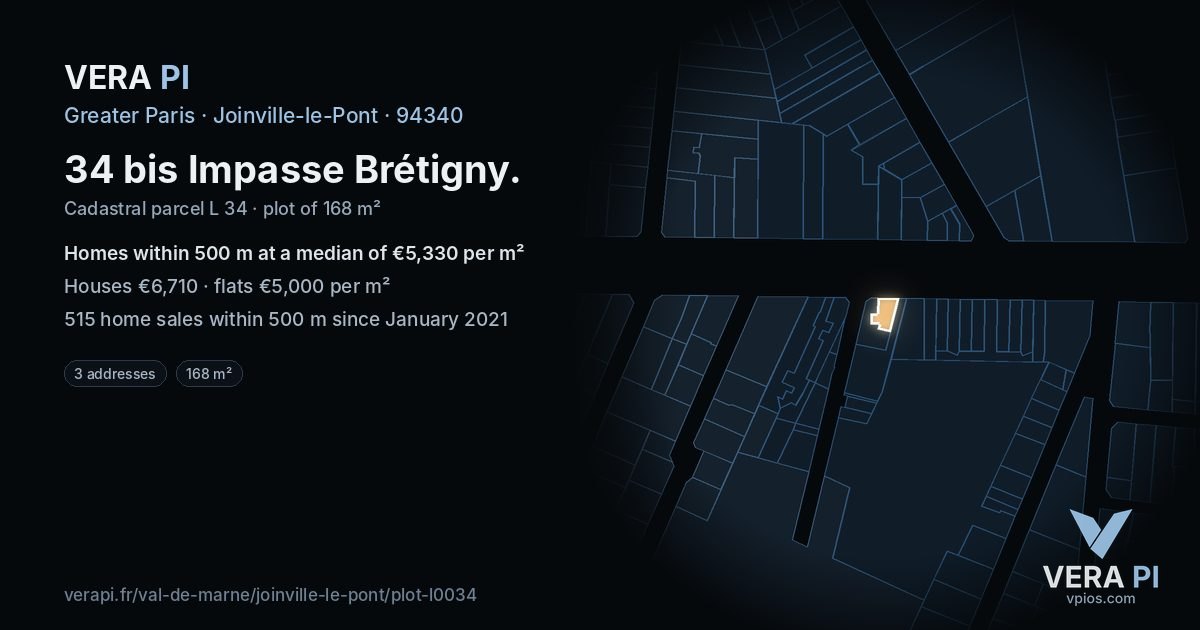 34 bis Impasse Brétigny, Joinville-le-Pont at night – the plot lit, the parcels around coloured by the prices near them