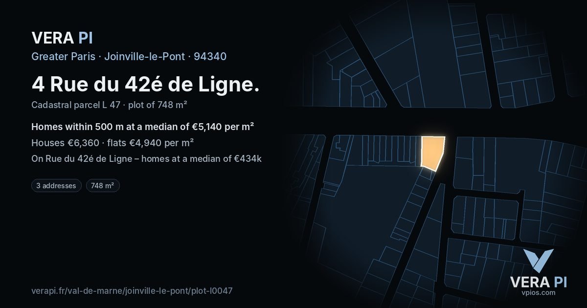 4 Rue du 42é de Ligne, Joinville-le-Pont at night – the plot lit, the parcels around coloured by the prices near them