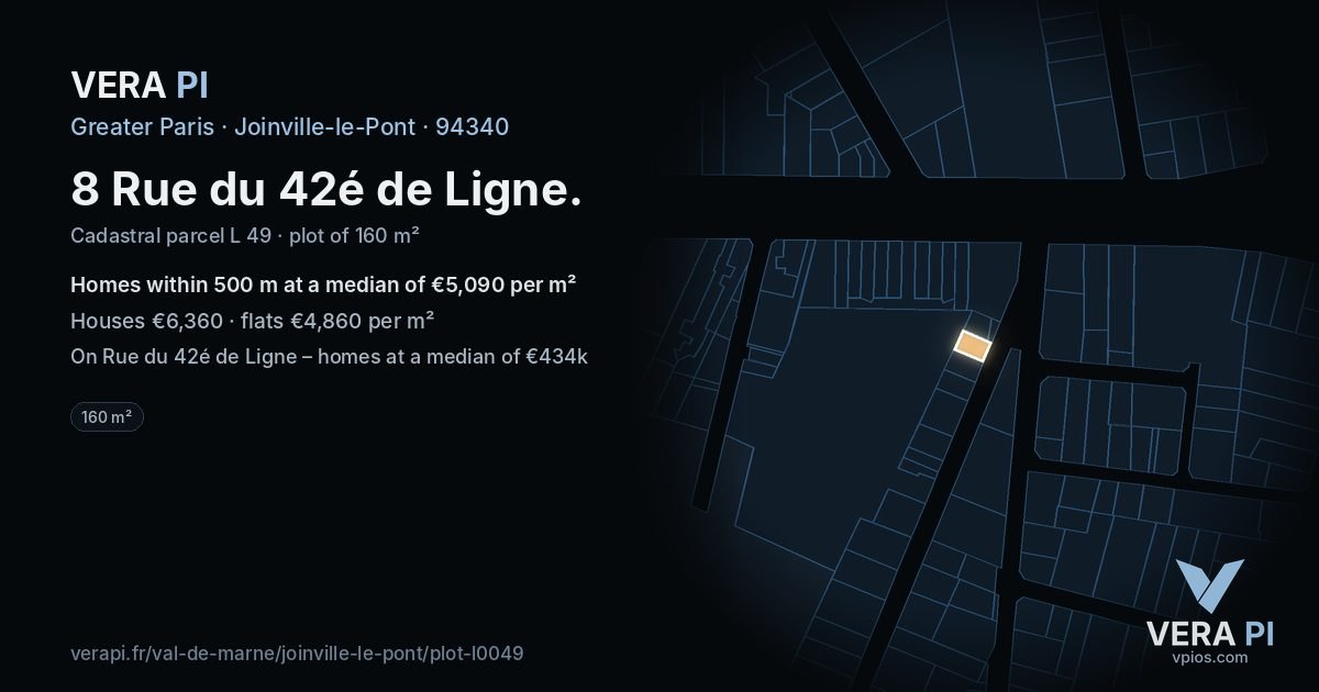 8 Rue du 42é de Ligne, Joinville-le-Pont at night – the plot lit, the parcels around coloured by the prices near them