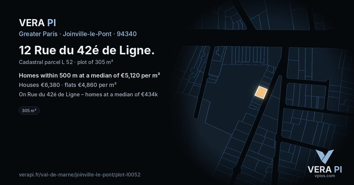 12 Rue du 42é de Ligne, Joinville-le-Pont at night – the plot lit, the parcels around coloured by the prices near them