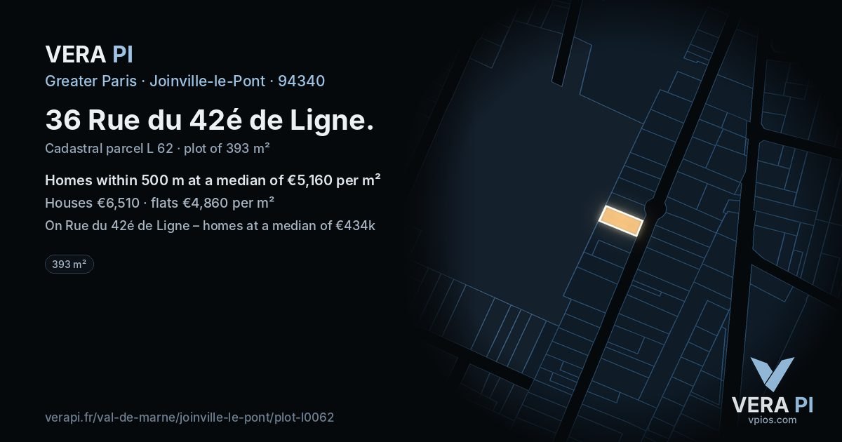 36 Rue du 42é de Ligne, Joinville-le-Pont at night – the plot lit, the parcels around coloured by the prices near them