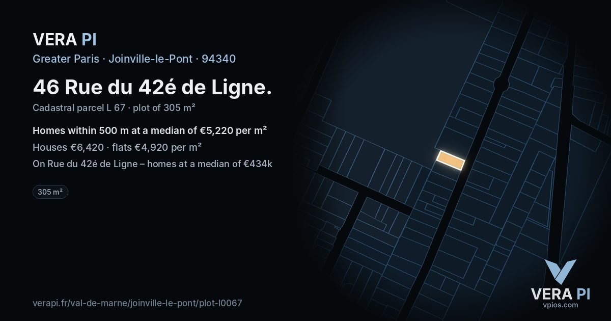 46 Rue du 42é de Ligne, Joinville-le-Pont at night – the plot lit, the parcels around coloured by the prices near them