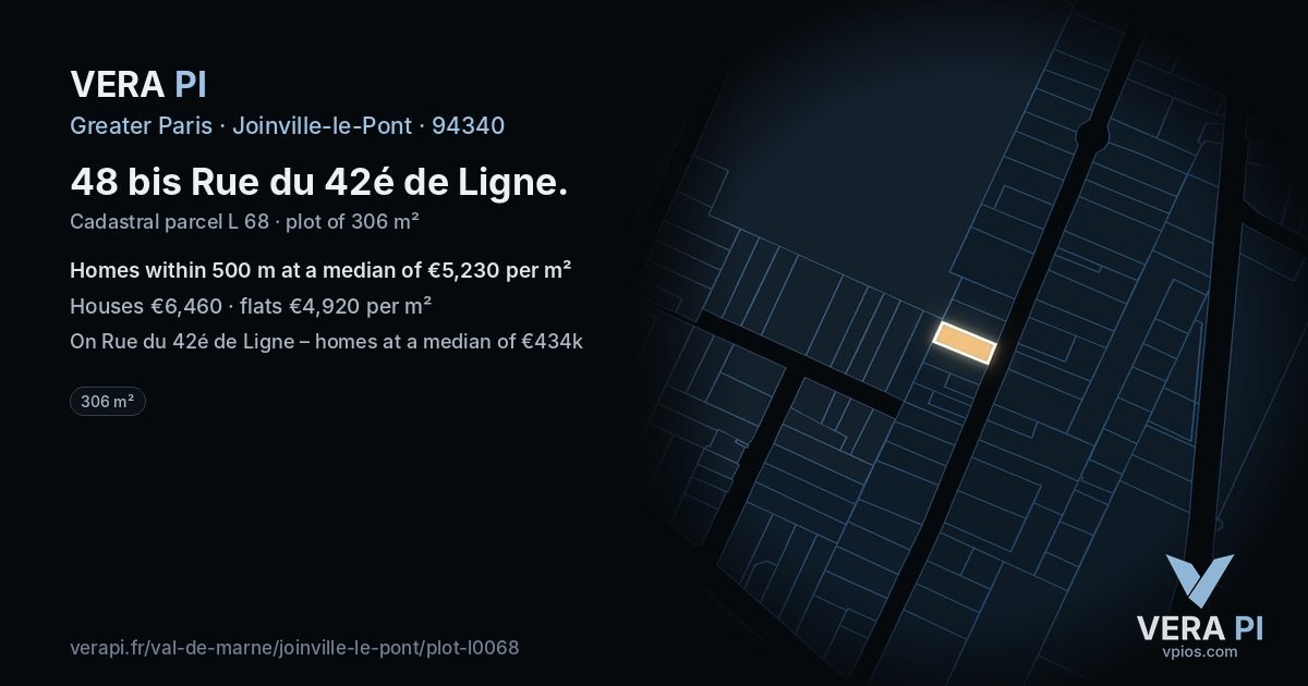 48 bis Rue du 42é de Ligne, Joinville-le-Pont at night – the plot lit, the parcels around coloured by the prices near them