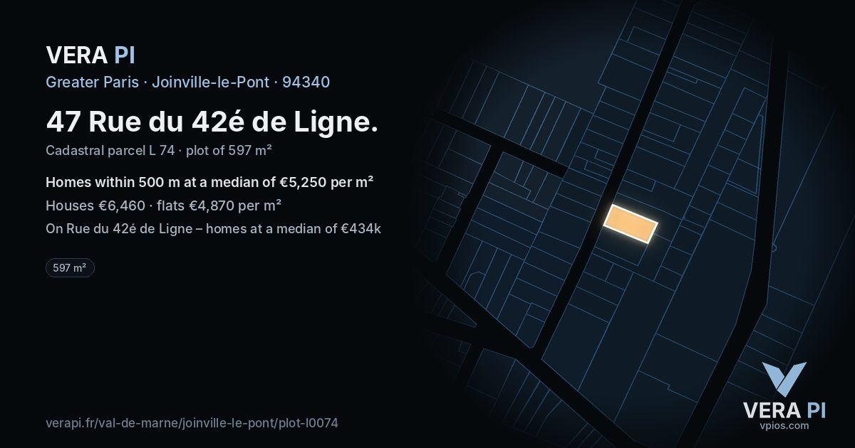 47 Rue du 42é de Ligne, Joinville-le-Pont at night – the plot lit, the parcels around coloured by the prices near them