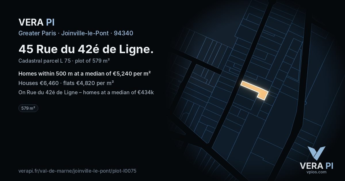 45 Rue du 42é de Ligne, Joinville-le-Pont at night – the plot lit, the parcels around coloured by the prices near them