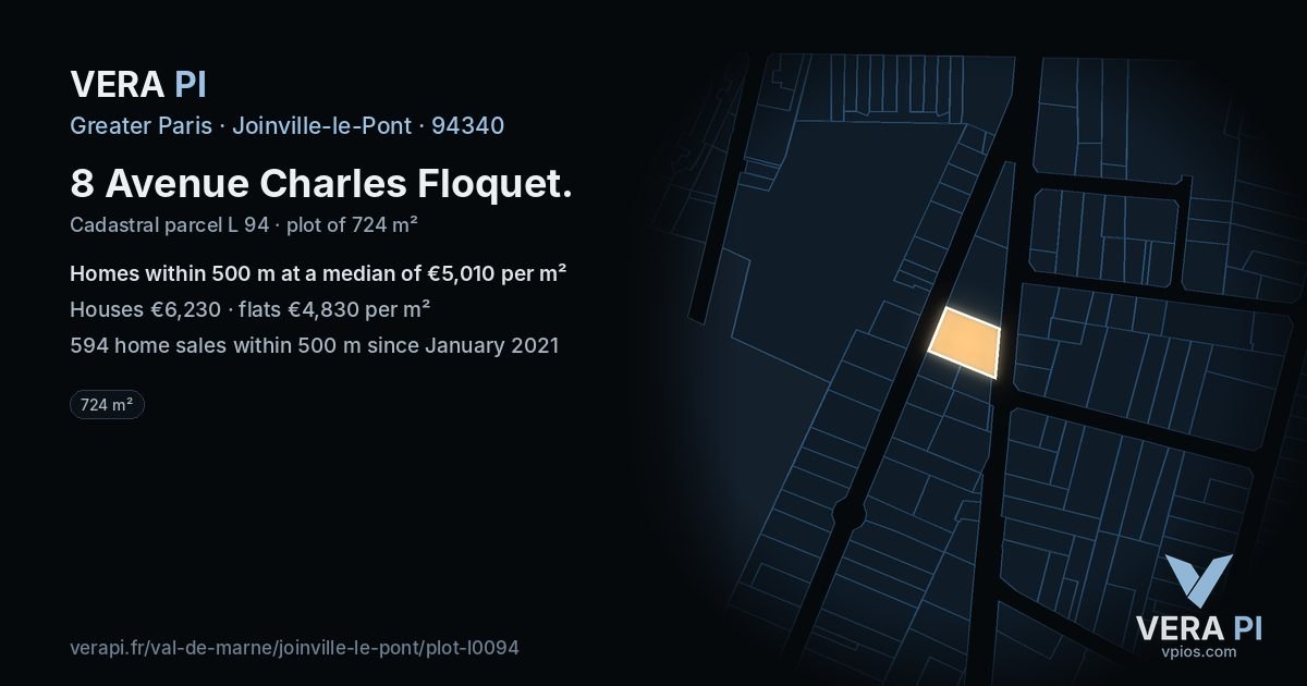 8 Avenue Charles Floquet, Joinville-le-Pont at night – the plot lit, the parcels around coloured by the prices near them
