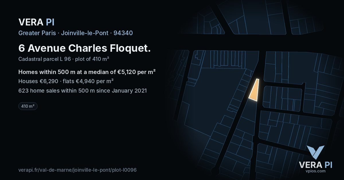 6 Avenue Charles Floquet, Joinville-le-Pont at night – the plot lit, the parcels around coloured by the prices near them