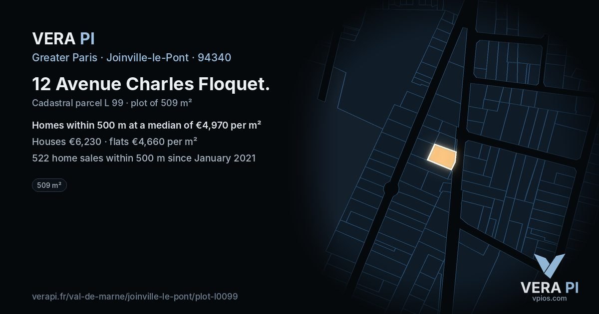 12 Avenue Charles Floquet, Joinville-le-Pont at night – the plot lit, the parcels around coloured by the prices near them