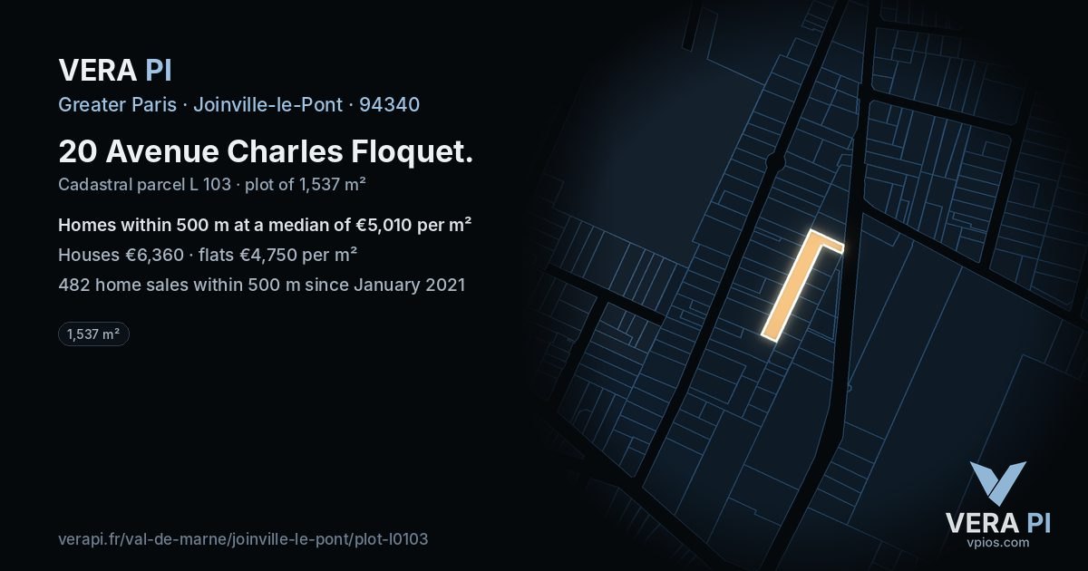 20 Avenue Charles Floquet, Joinville-le-Pont at night – the plot lit, the parcels around coloured by the prices near them