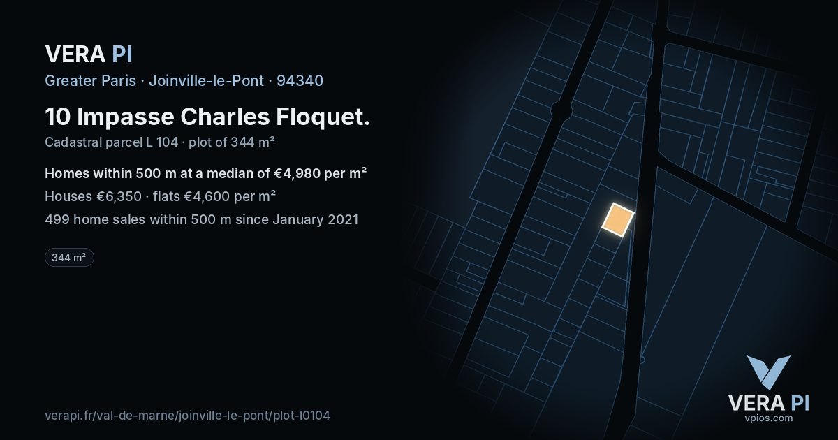 10 Impasse Charles Floquet, Joinville-le-Pont at night – the plot lit, the parcels around coloured by the prices near them