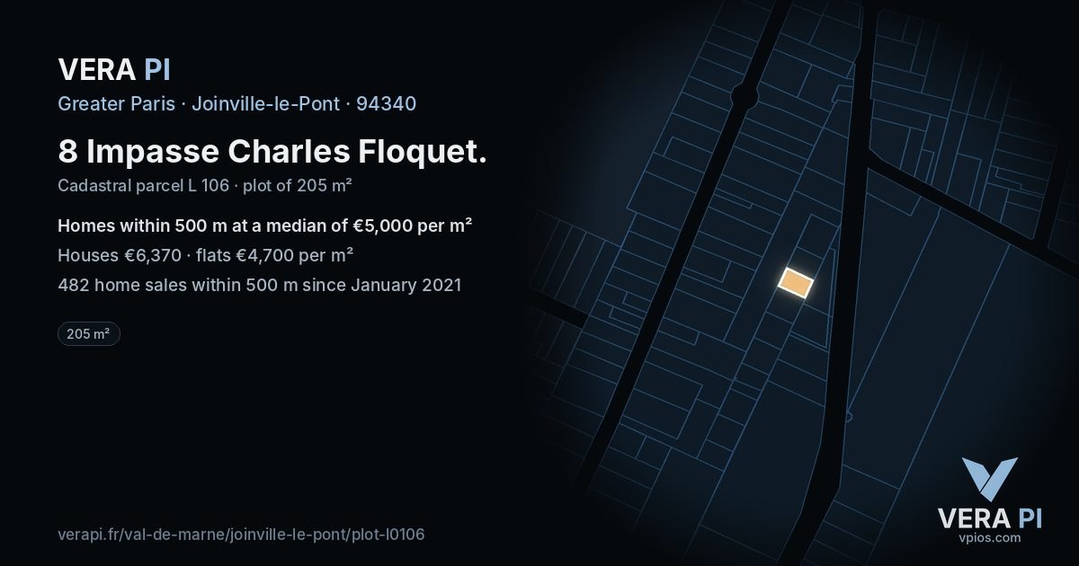 8 Impasse Charles Floquet, Joinville-le-Pont at night – the plot lit, the parcels around coloured by the prices near them