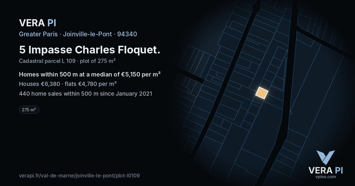 5 Impasse Charles Floquet, Joinville-le-Pont at night – the plot lit, the parcels around coloured by the prices near them