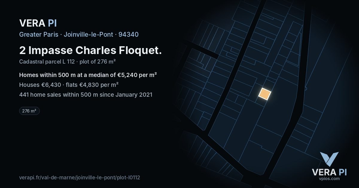 2 Impasse Charles Floquet, Joinville-le-Pont at night – the plot lit, the parcels around coloured by the prices near them