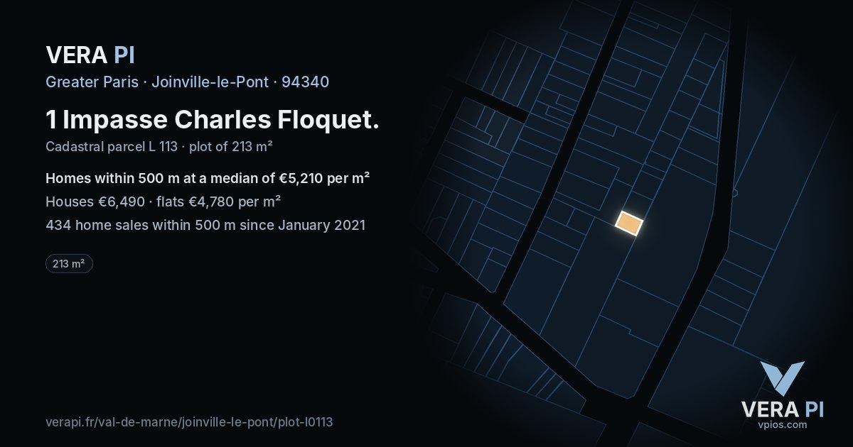 1 Impasse Charles Floquet, Joinville-le-Pont at night – the plot lit, the parcels around coloured by the prices near them