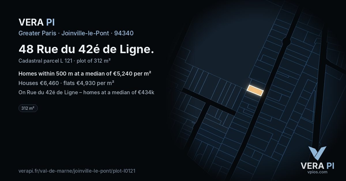 48 Rue du 42é de Ligne, Joinville-le-Pont at night – the plot lit, the parcels around coloured by the prices near them